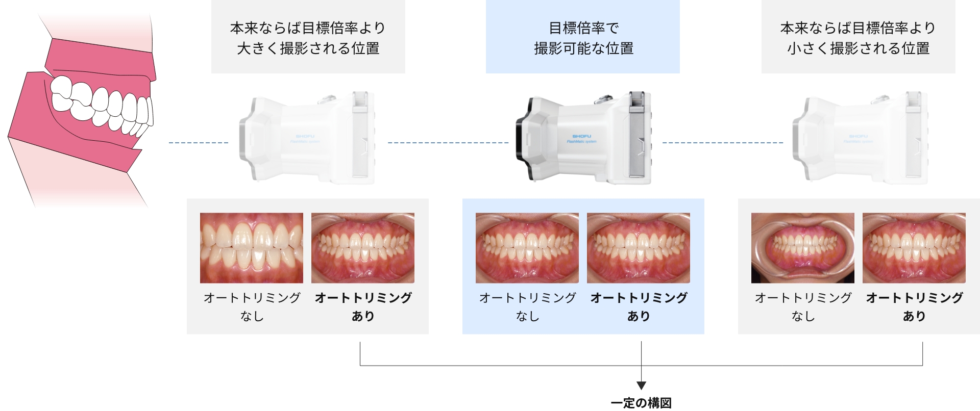 本来ならば目標倍率より大きく撮影される位置 目標倍率で撮影可能な位置 本来ならば目標倍率より小さく撮影される位置 一定の構図